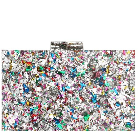 Abstract Silver Confetti Hard Case Clutch Bag Box Purse Crossbody Chain Multi - Picture 9 of 11